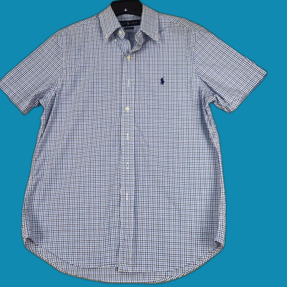Ralph Lauren Classic Men's Button-Down Short Sleeve Shirt Blue Plaid Size M